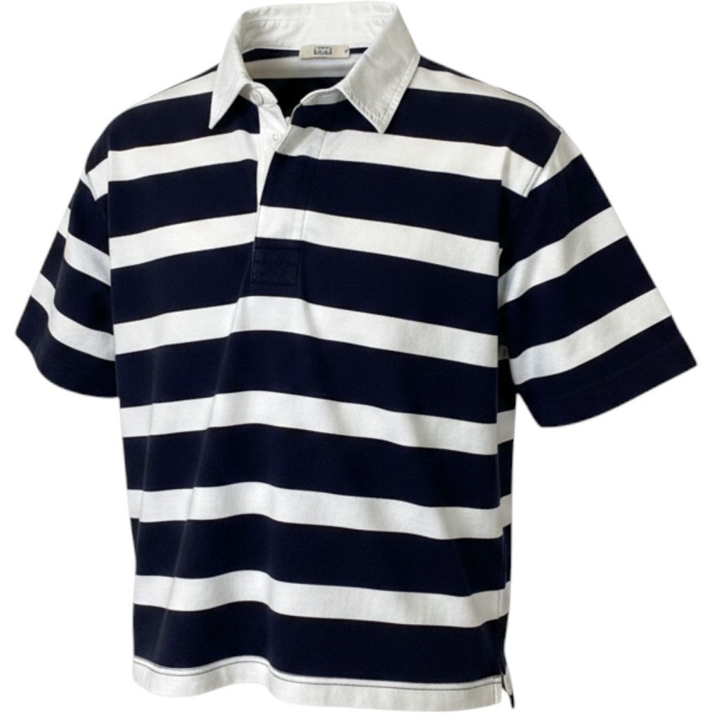 AYR Navy White Striped Cropped Rugby Polo Shirt Short Sleeve Cotton - Medium